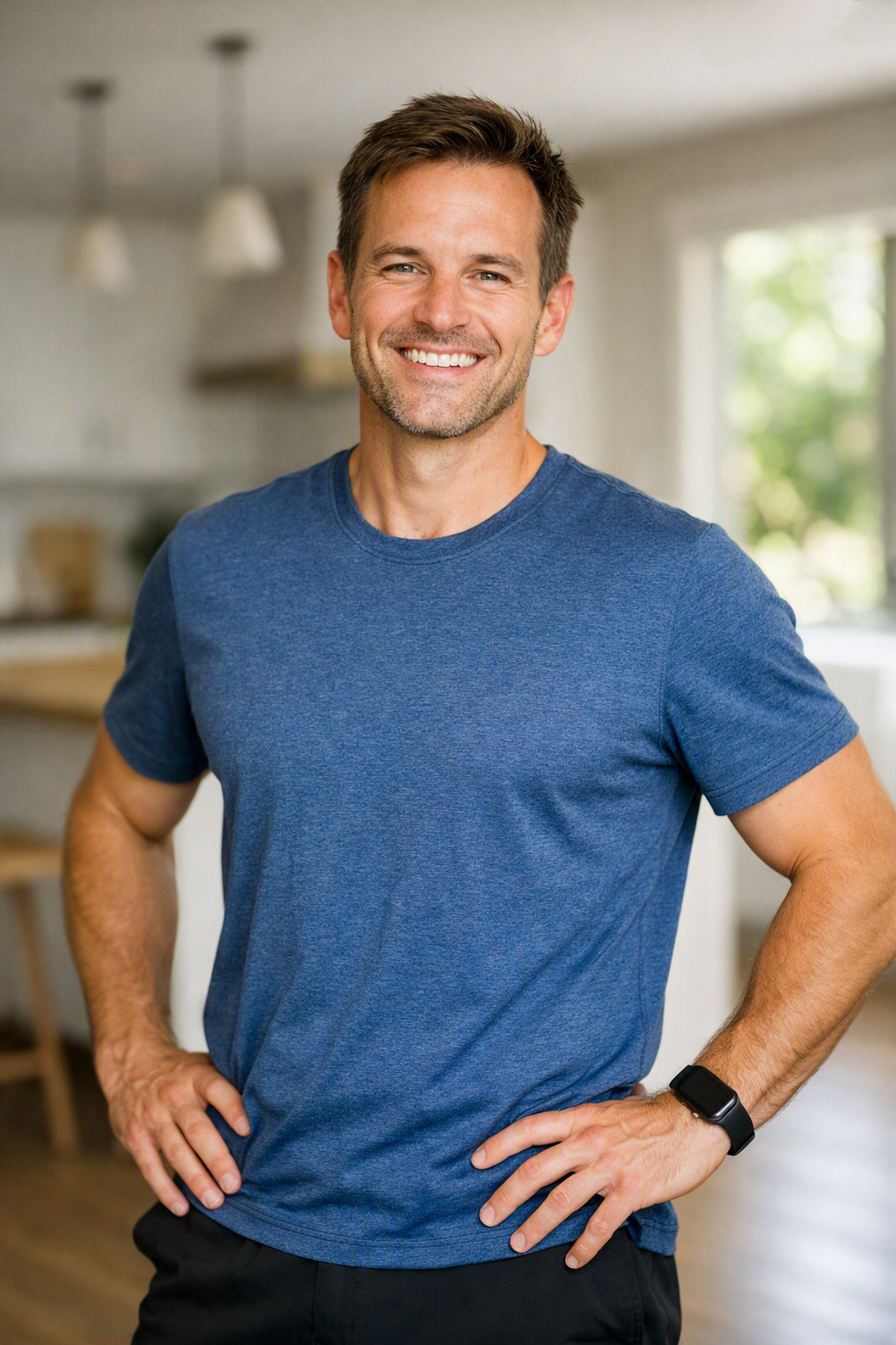 James transformation after - fit man in blue tank top smiling